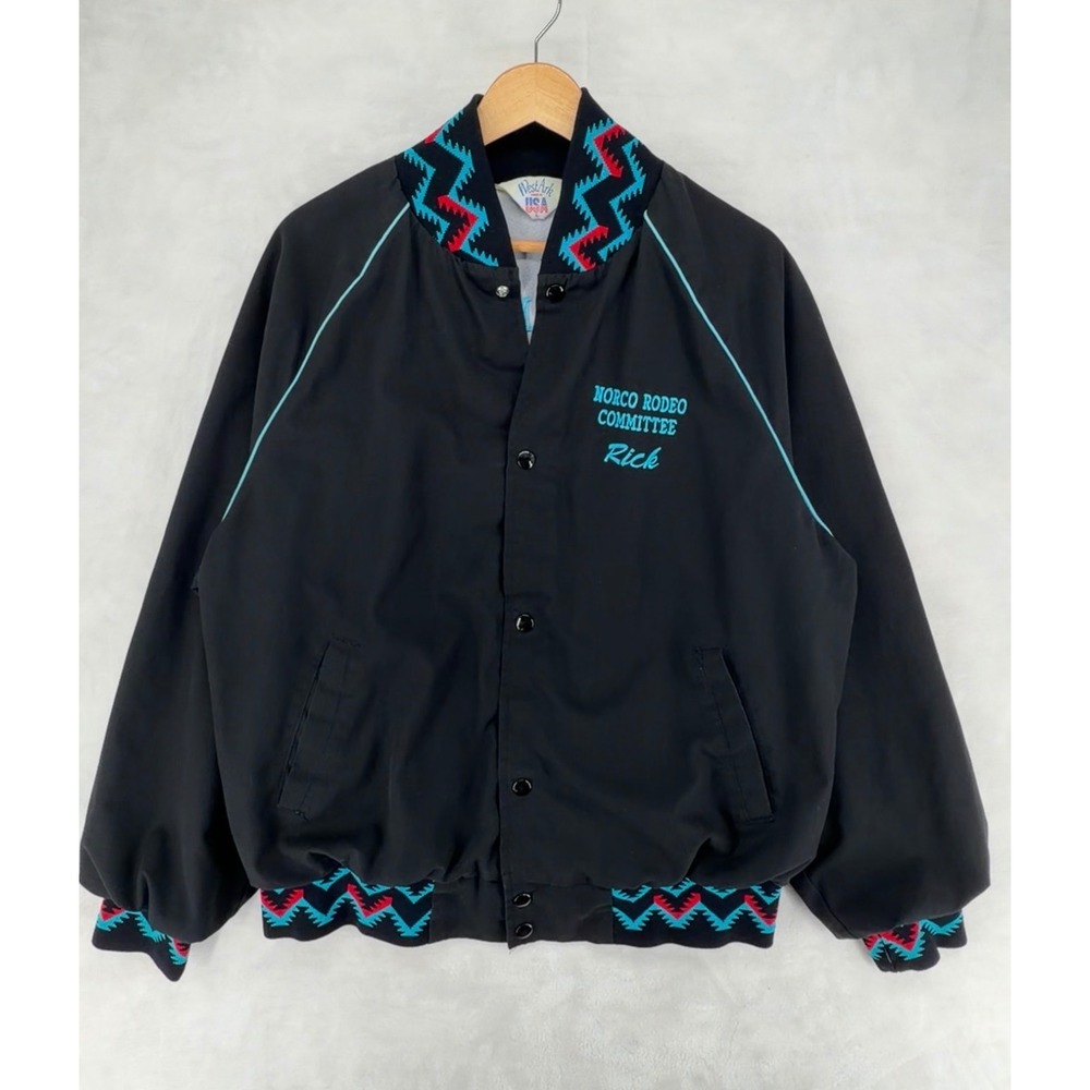 WestArk USA Vintage Norco Rodeo Mounted Posse Bomber Jacket Mens L Black Azteco